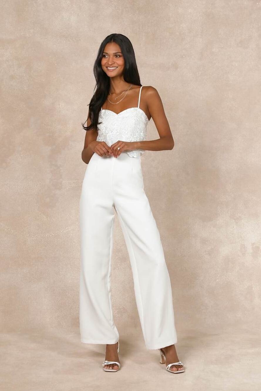 NWT Lulus Exquisite Posture White Floral Embroidered Tiered Jumpsuit Wedding M